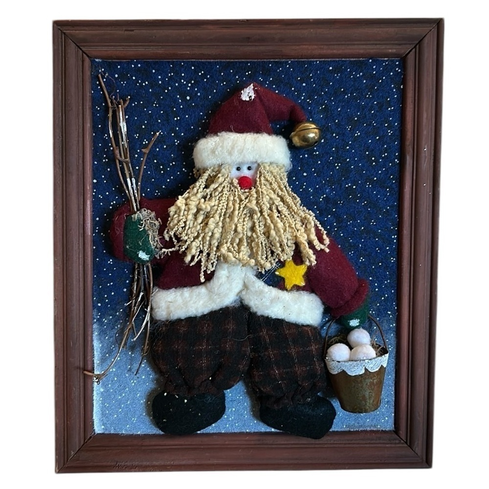 Vintage 3 Dimensional Fabric Santa Wall Hanger with Wooden Frame